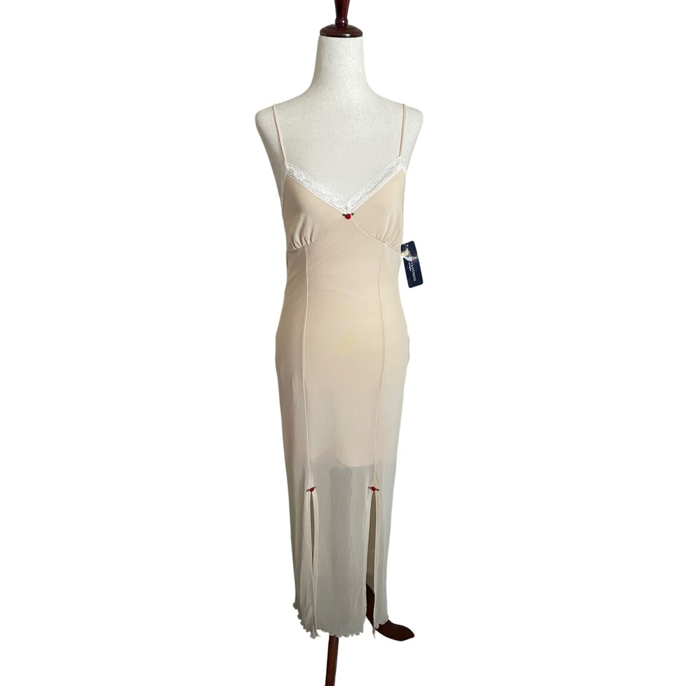NWT Coquette Babydoll Slip Lace Trim Rosette Beige Mesh Maxi Dress Medium Ballet
